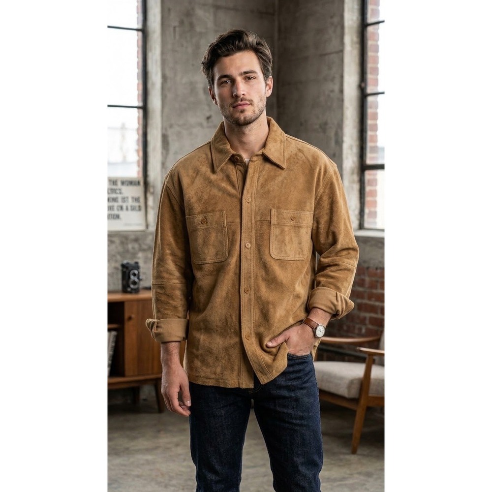 Junction West Mens Genuine Suede Leather Shirt Jacket Tan Western Vintage Sz L